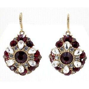 Vintage Gold Tone Red Rhinestone Floral Dangle Earrings Statement Cluster Drop